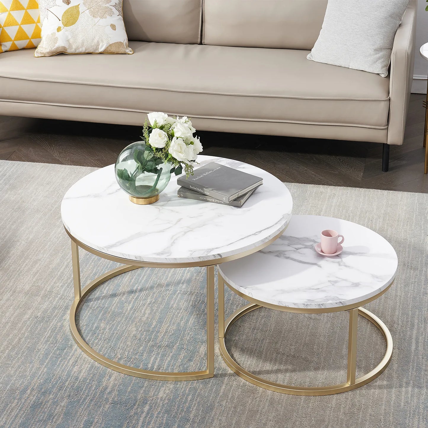 Salontafel 2-delig wit marmer met goud - Design Meubelz