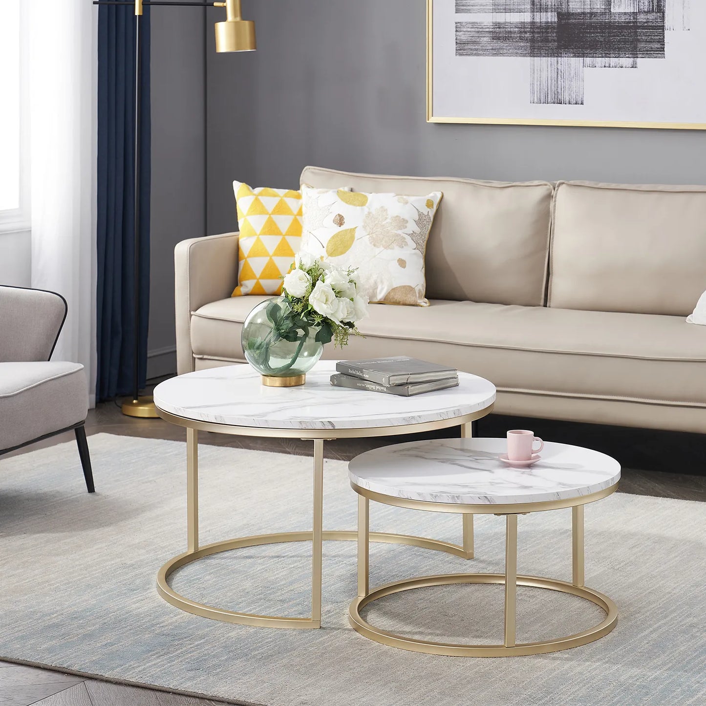 Salontafel 2-delig wit marmer met goud - Design Meubelz
