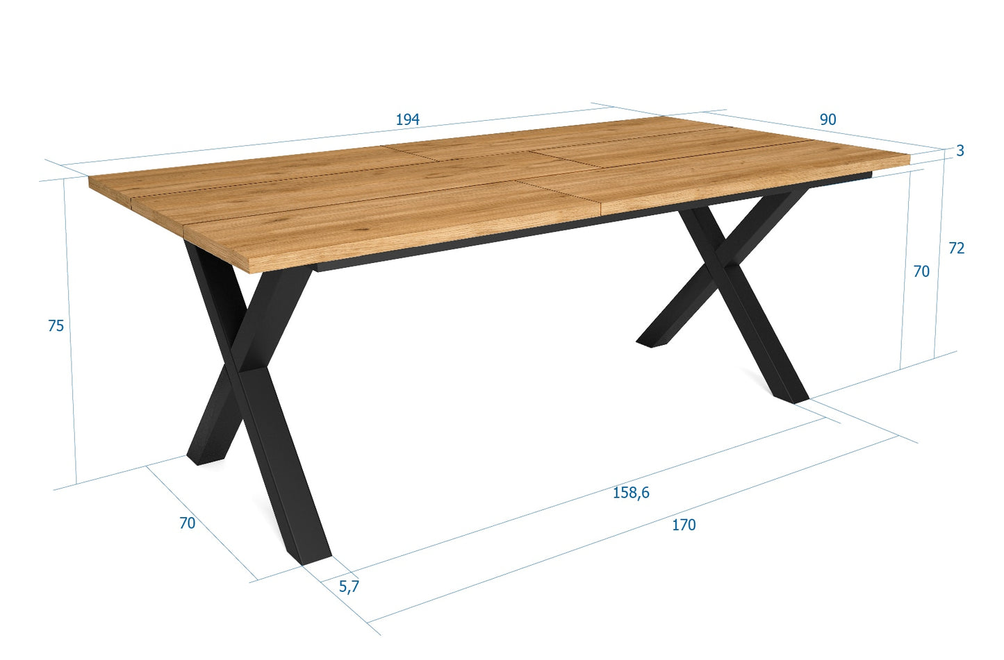Nordicz Stål eetkamertafel eikenhout x poot mat zwart - Design Meubelz