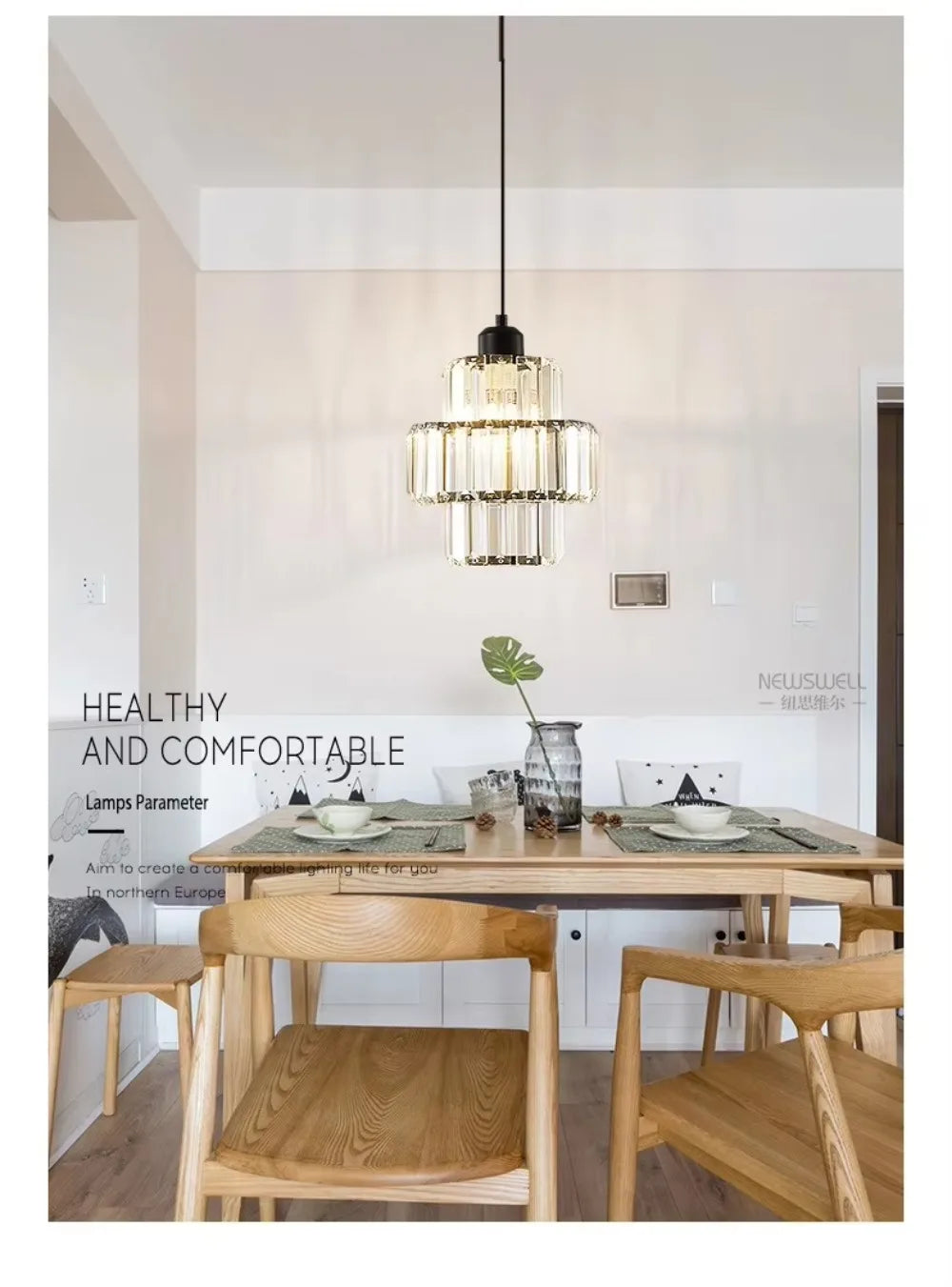 Nordische LED Kristallen Hanglamp – Luxe Moderne Plafondlamp voor Woonkamer & Eetkamer