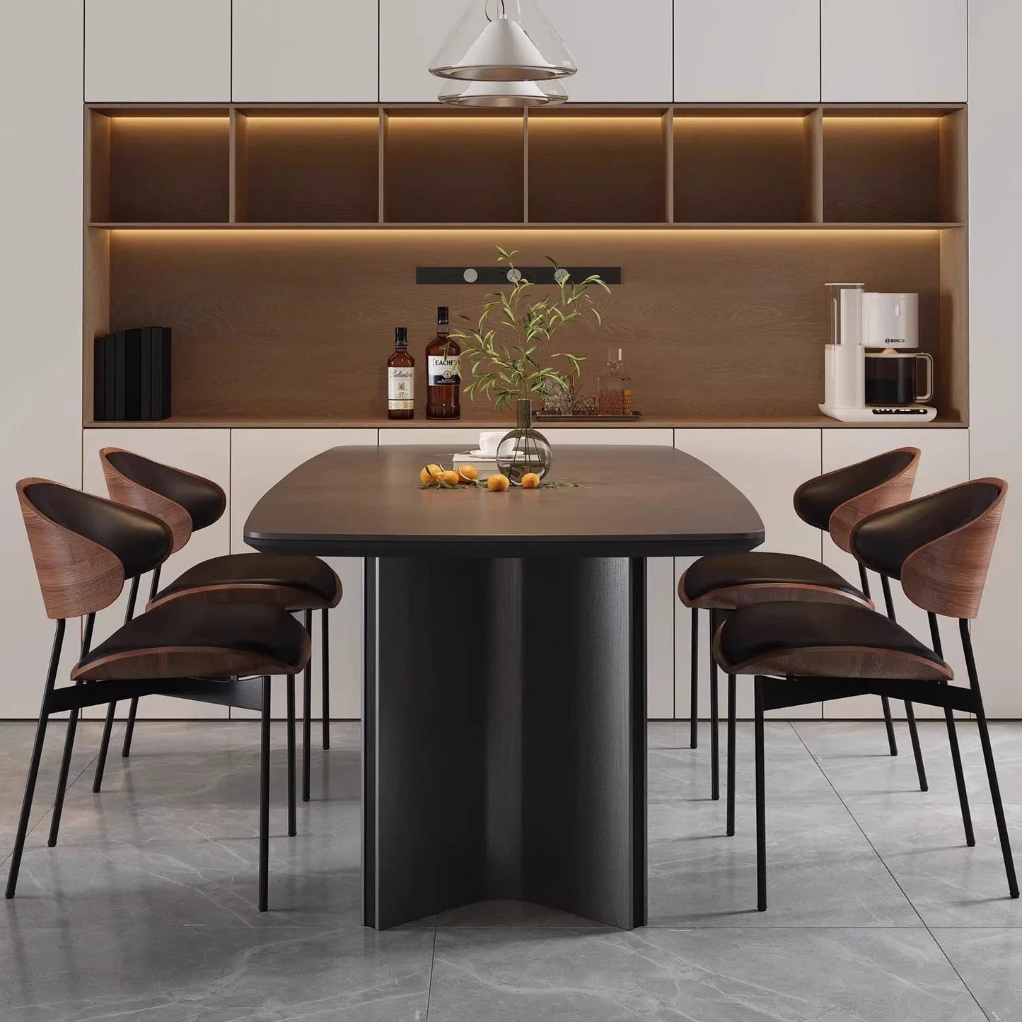 Echte Leren Eetkamerstoelen – Set van 2 of 1 | Mid-Century Moderne Design | Zwart Walnoot Buighout