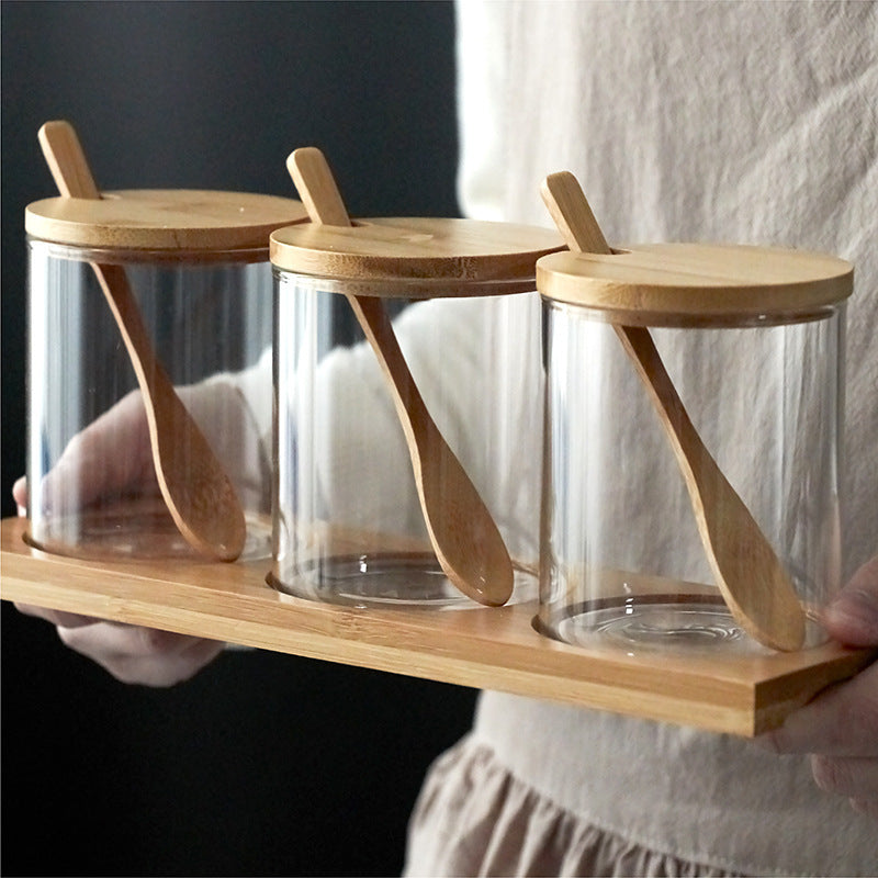 Nordicz glazen specerijen voorraadpotjes met deksel en lepel set 3 stuks hout - Design Meubelz