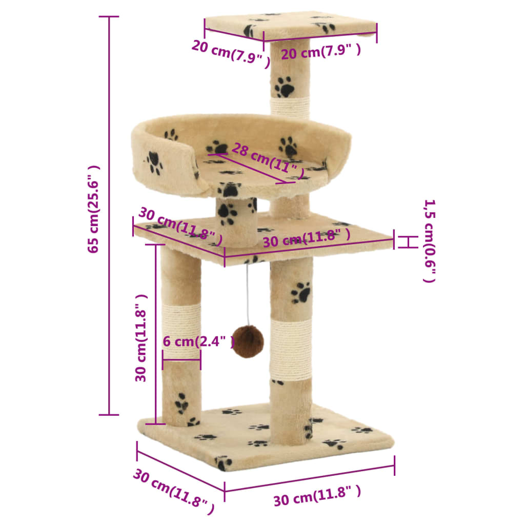 Kattenkrabpaal Met Sisal Krabpalen 65 Cm Pootafdrukken Beige Geel met pootafdrukken - Design Meubelz