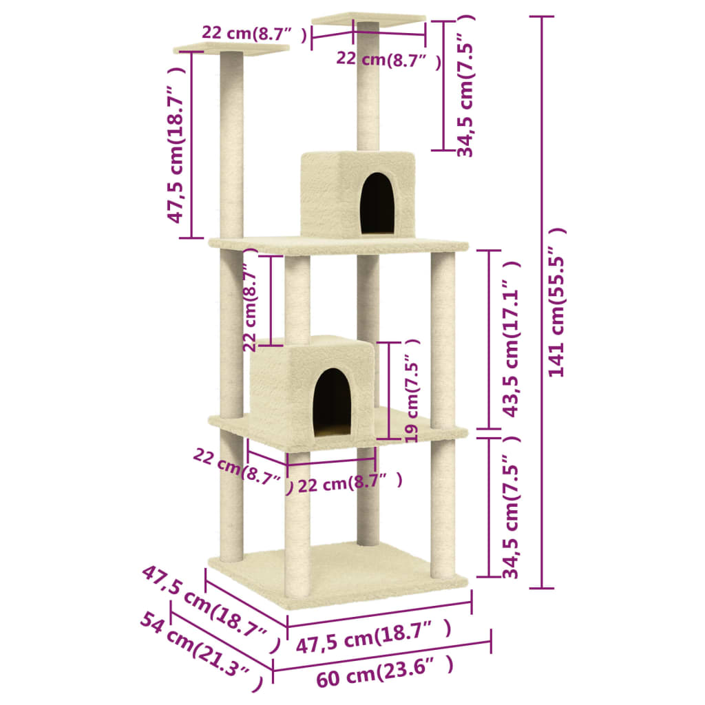 Kattenmeubel Met Sisal Krabpalen 141 Cm Crèmekleurig crème - Design Meubelz