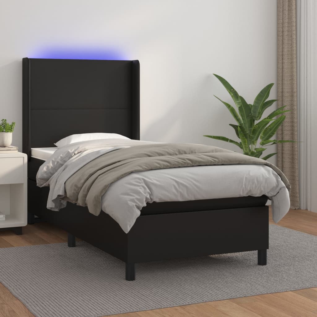 Boxspring Met Matras En Led Kunstleer Zwart 100X200 Cm - Design Meubelz