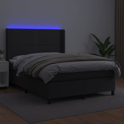 Boxspring Met Matras En Led Kunstleer Zwart 140X190 Cm - Design Meubelz