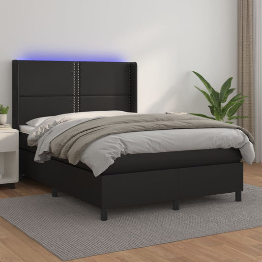 Boxspring Met Matras En Led Kunstleer Zwart 140X190 Cm - Design Meubelz