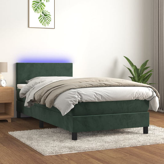 Boxspring Met Matras En Led Fluweel Donkergroen 80X200 Cm - Design Meubelz