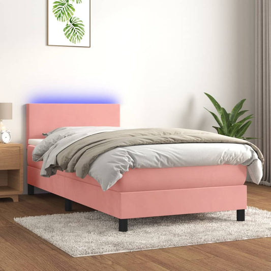 Boxspring Met Matras En Led Fluweel Roze 80X200 Cm - Design Meubelz