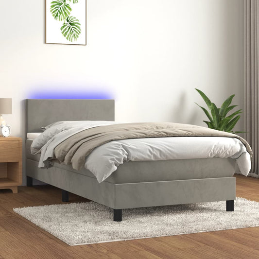 Boxspring Met Matras En Led Fluweel Lichtgrijs 90X190 Cm - Design Meubelz