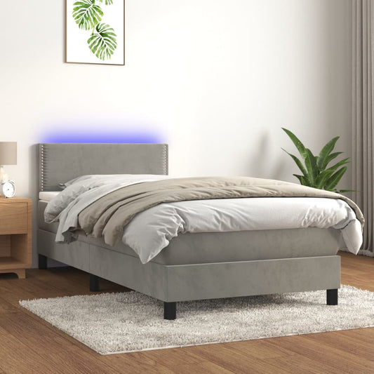 Boxspring Met Matras En Led Fluweel Lichtgrijs 80X200 Cm - Design Meubelz