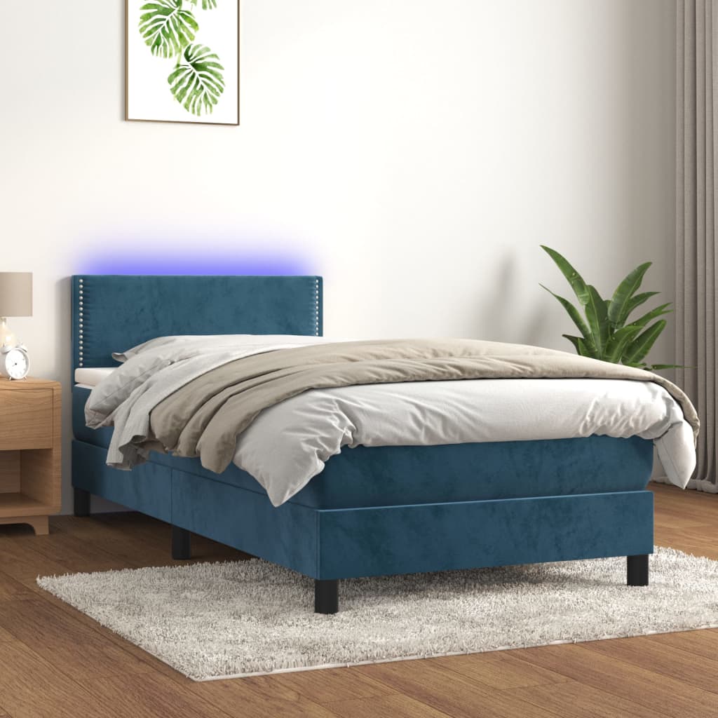 Boxspring Met Matras En Led Fluweel Donkerblauw 80X200 Cm - Design Meubelz