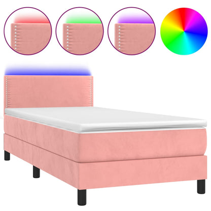 Boxspring Met Matras En Led Fluweel Roze 80X200 Cm - Design Meubelz