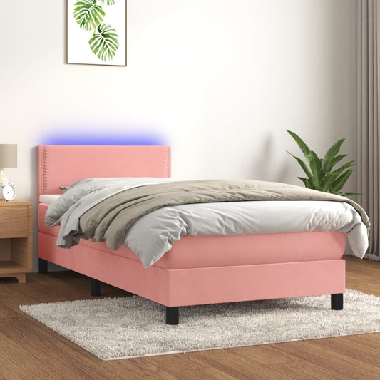 Boxspring Met Matras En Led Fluweel Roze 80X200 Cm - Design Meubelz