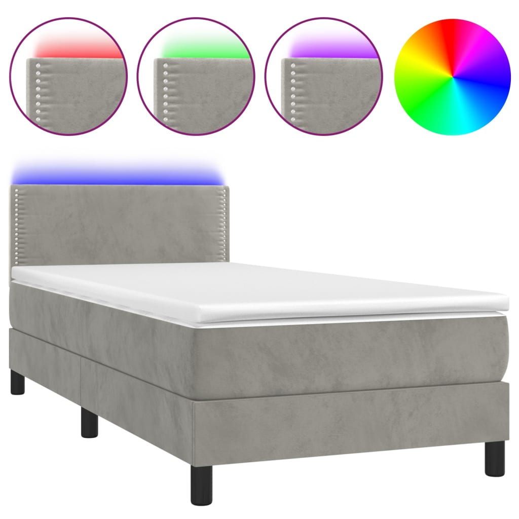 Boxspring Met Matras En Led Fluweel Lichtgrijs 90X190 Cm - Design Meubelz