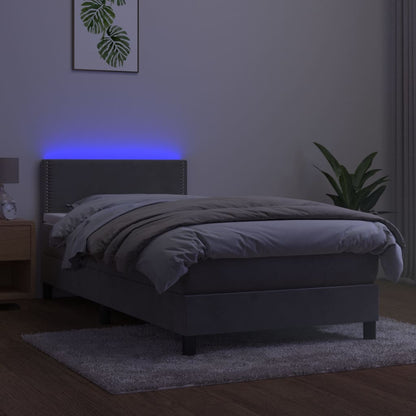 Boxspring Met Matras En Led Fluweel Lichtgrijs 90X190 Cm - Design Meubelz