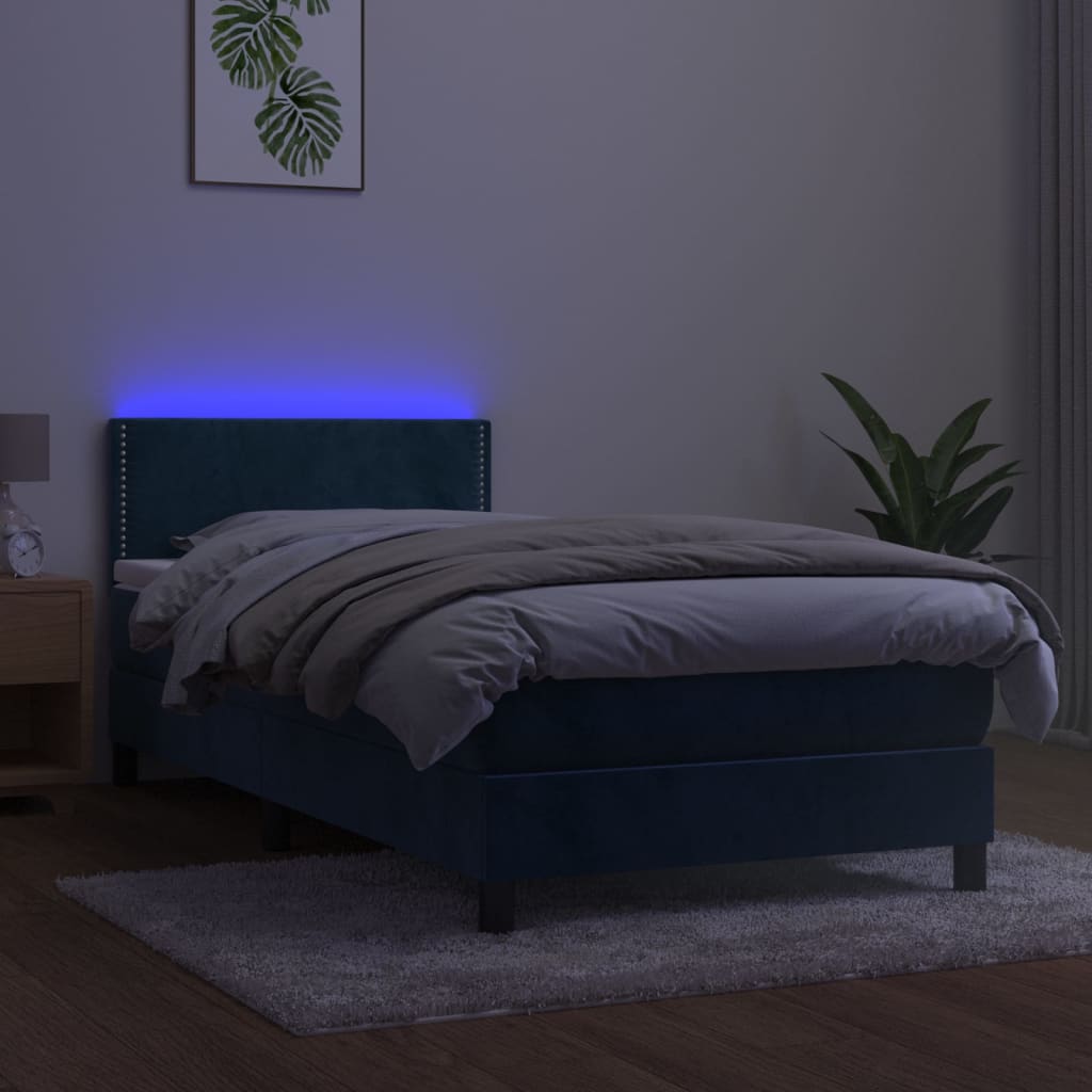 Boxspring Met Matras En Led Fluweel Donkerblauw 100X200 Cm - Design Meubelz