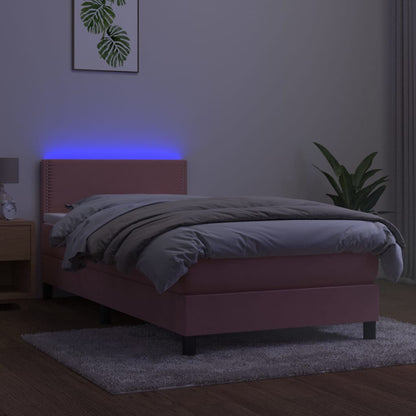 Boxspring Met Matras En Led Fluweel Roze 100X200 Cm - Design Meubelz