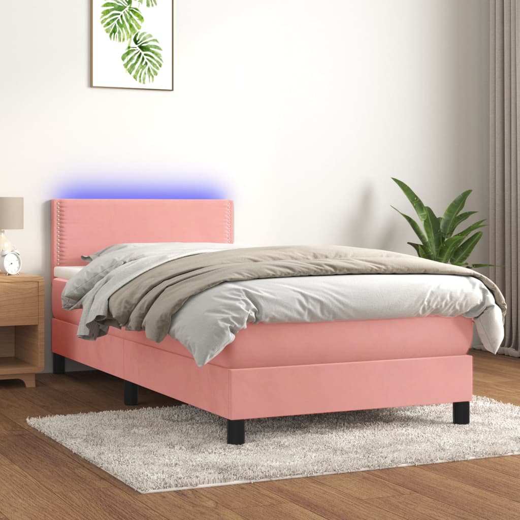 Boxspring Met Matras En Led Fluweel Roze 100X200 Cm - Design Meubelz