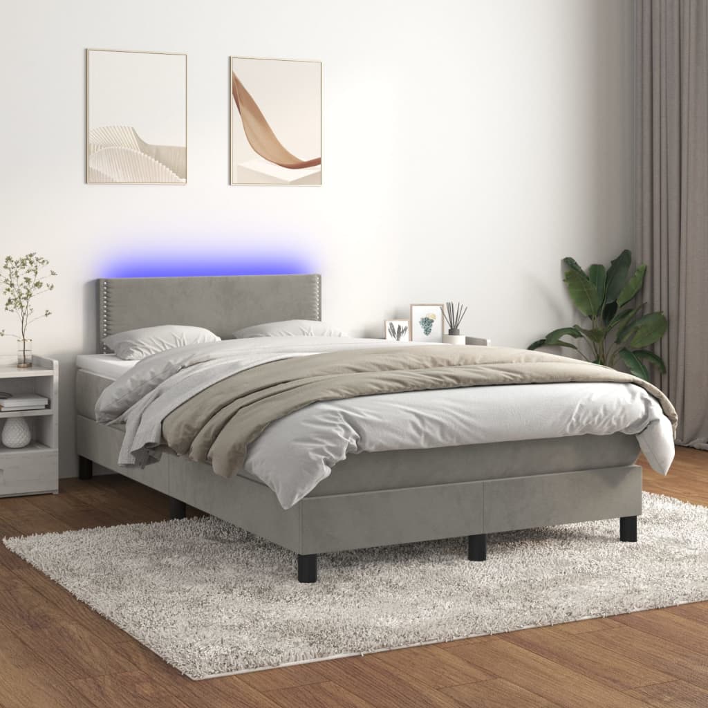 Boxspring Met Matras En Led Fluweel Lichtgrijs 120X200 Cm - Design Meubelz