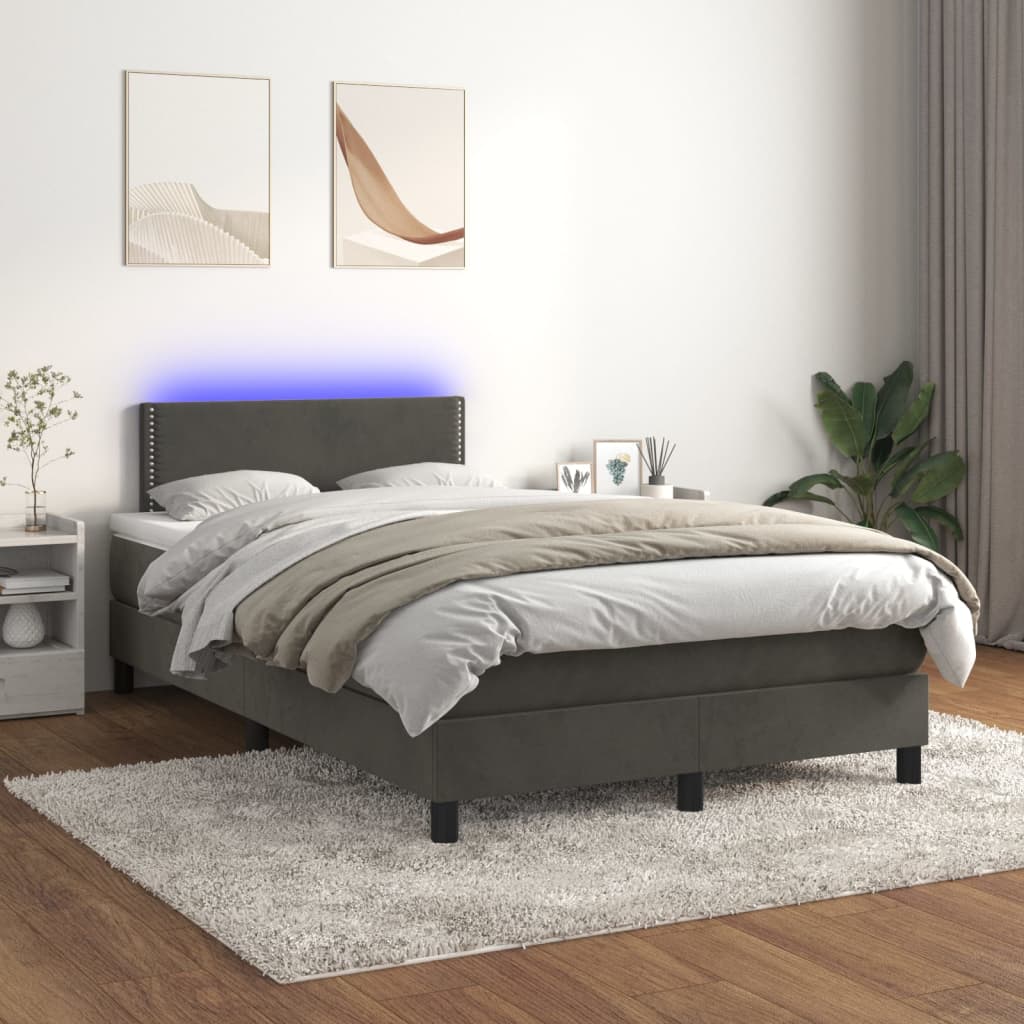 Boxspring Met Matras En Led Fluweel Donkergrijs 120X200 Cm - Design Meubelz