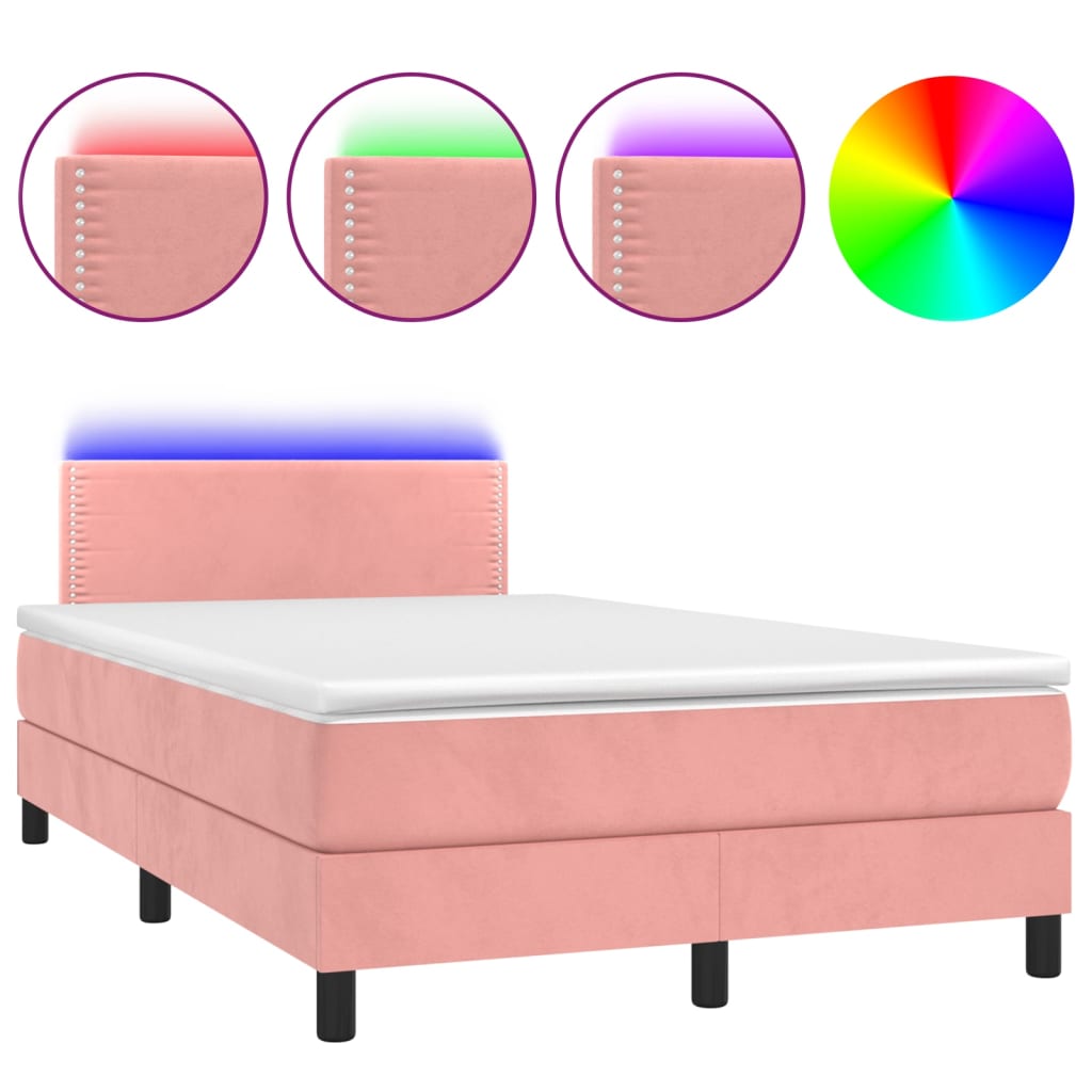 Boxspring Met Matras En Led Fluweel Roze 120X200 Cm - Design Meubelz