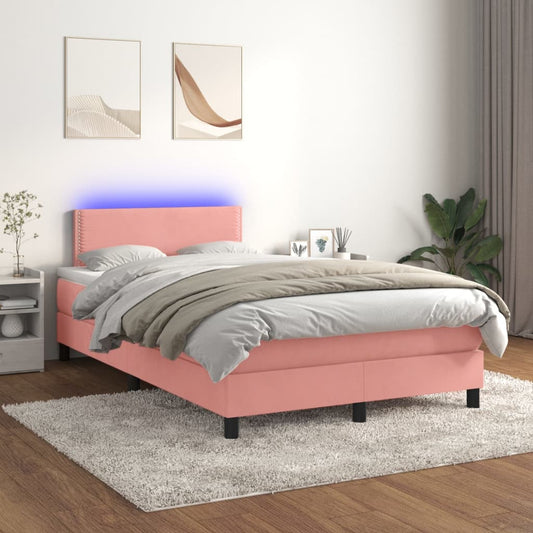 Boxspring Met Matras En Led Fluweel Roze 120X200 Cm - Design Meubelz