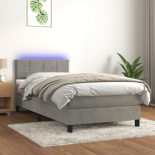 Boxspring Met Matras En Led Fluweel Lichtgrijs 80X200 Cm - Design Meubelz