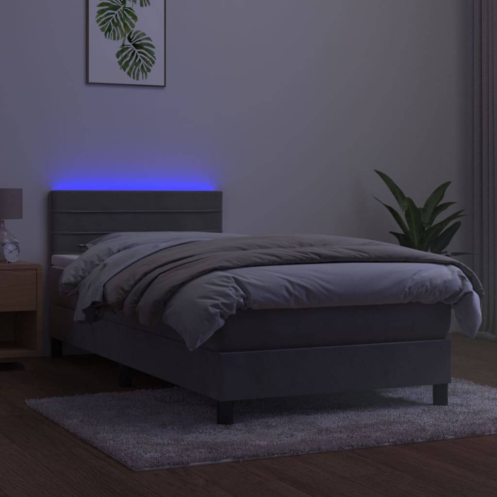 Boxspring Met Matras En Led Fluweel Lichtgrijs 90X190 Cm - Design Meubelz