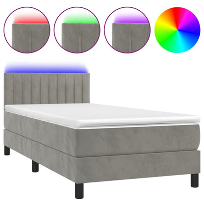 Boxspring Met Matras En Led Fluweel Lichtgrijs 90X190 Cm - Design Meubelz