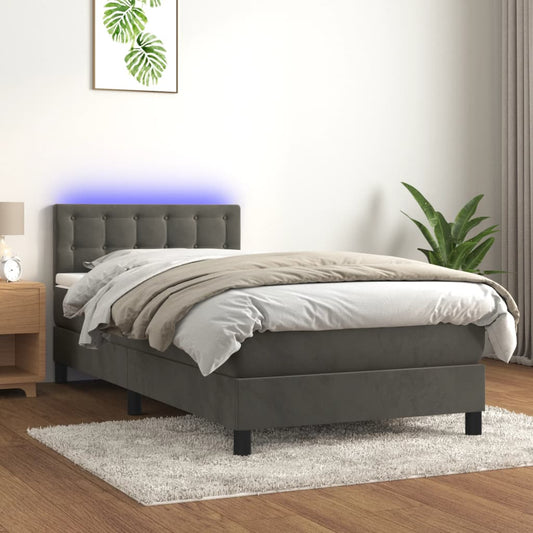 Boxspring Met Matras En Led Fluweel Donkergrijs 80X200 Cm - Design Meubelz