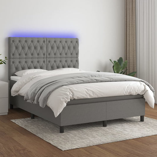 Boxspring Met Matras En Led Stof Donkergrijs 140X190 Cm - Design Meubelz