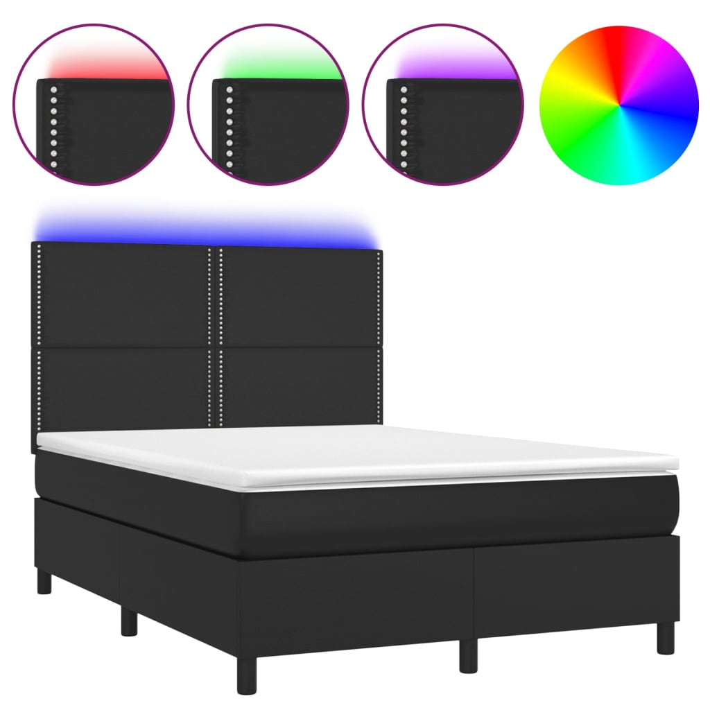 Boxspring Met Matras En Led Kunstleer Zwart 140X190 Cm - Design Meubelz