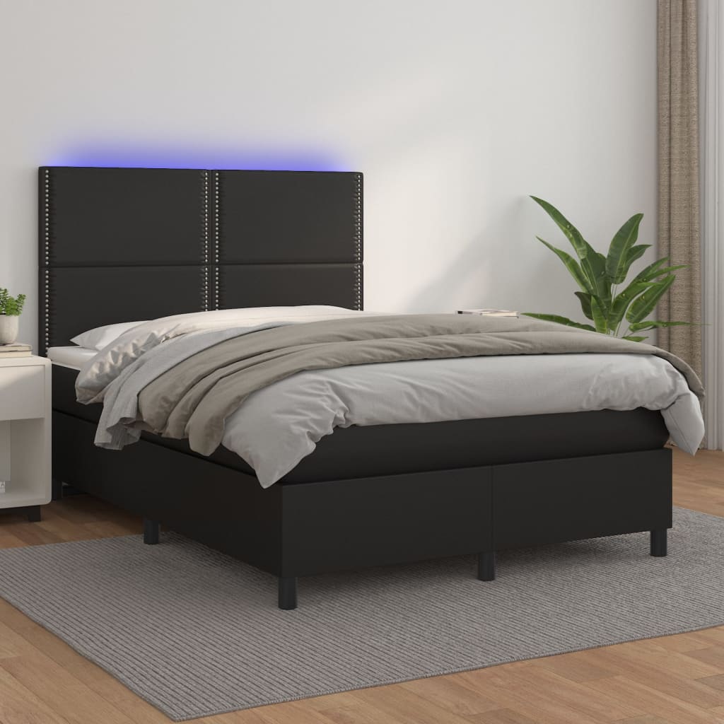 Boxspring Met Matras En Led Kunstleer Zwart 140X190 Cm - Design Meubelz