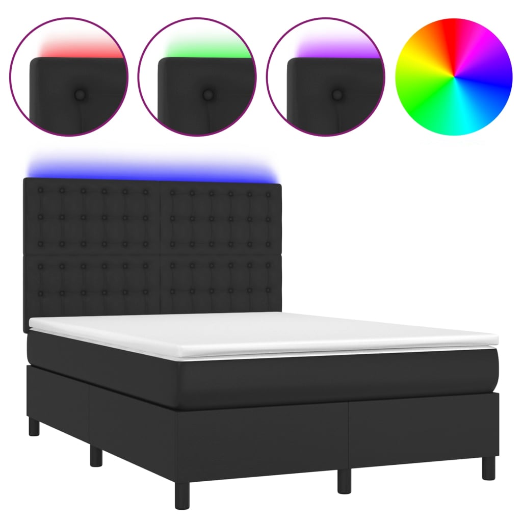 Boxspring Met Matras En Led Kunstleer Zwart 140X190 Cm - Design Meubelz