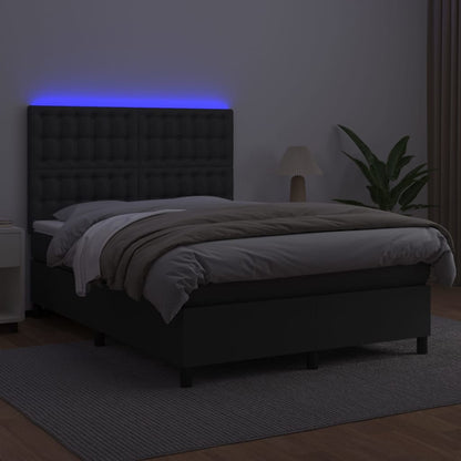 Boxspring Met Matras En Led Kunstleer Zwart 140X190 Cm - Design Meubelz