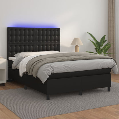 Boxspring Met Matras En Led Kunstleer Zwart 140X190 Cm - Design Meubelz