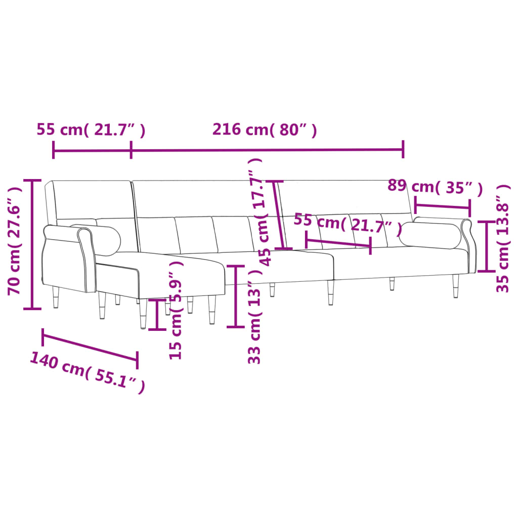 Slaapbank L-Vormig 271X140X70 Cm Fluweel Lichtgrijs - Design Meubelz