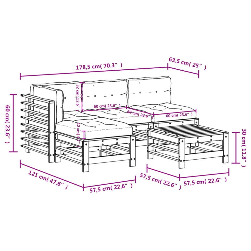 5-Delige Loungeset Met Kussens Massief Hout - Design Meubelz