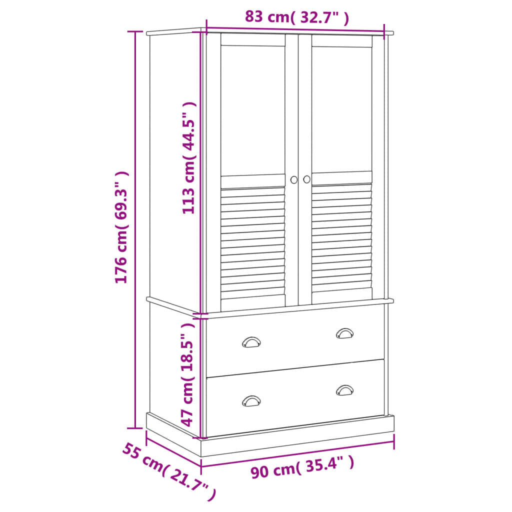 Kledingkast Vigo 90X55X176 Cm Massief Grenenhout Wit - Design Meubelz