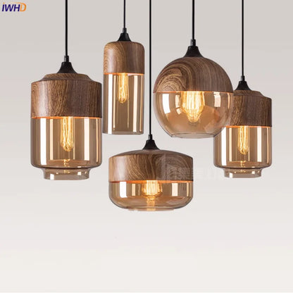 Nordic Moderne LED Hanglamp – Houten & Glazen Designlamp – Voor Slaapkamer, Woonkamer & Eetkamer