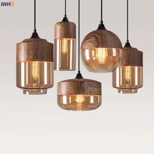 Nordic Moderne LED Hanglamp – Houten & Glazen Designlamp – Voor Slaapkamer, Woonkamer & Eetkamer