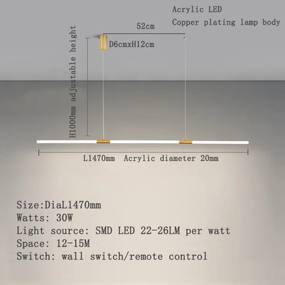 Moderne LED Hanglamp – Koperen Afwerking & Acryl Lichtbuis – Dimbare Designlamp voor Woonkamer, Slaapkamer & Studieruimte