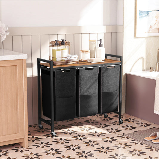 Wasmand met 3 Compartimenten – Met Opbergrek & Wieltjes – Stevig Oxford Stof & Metaal