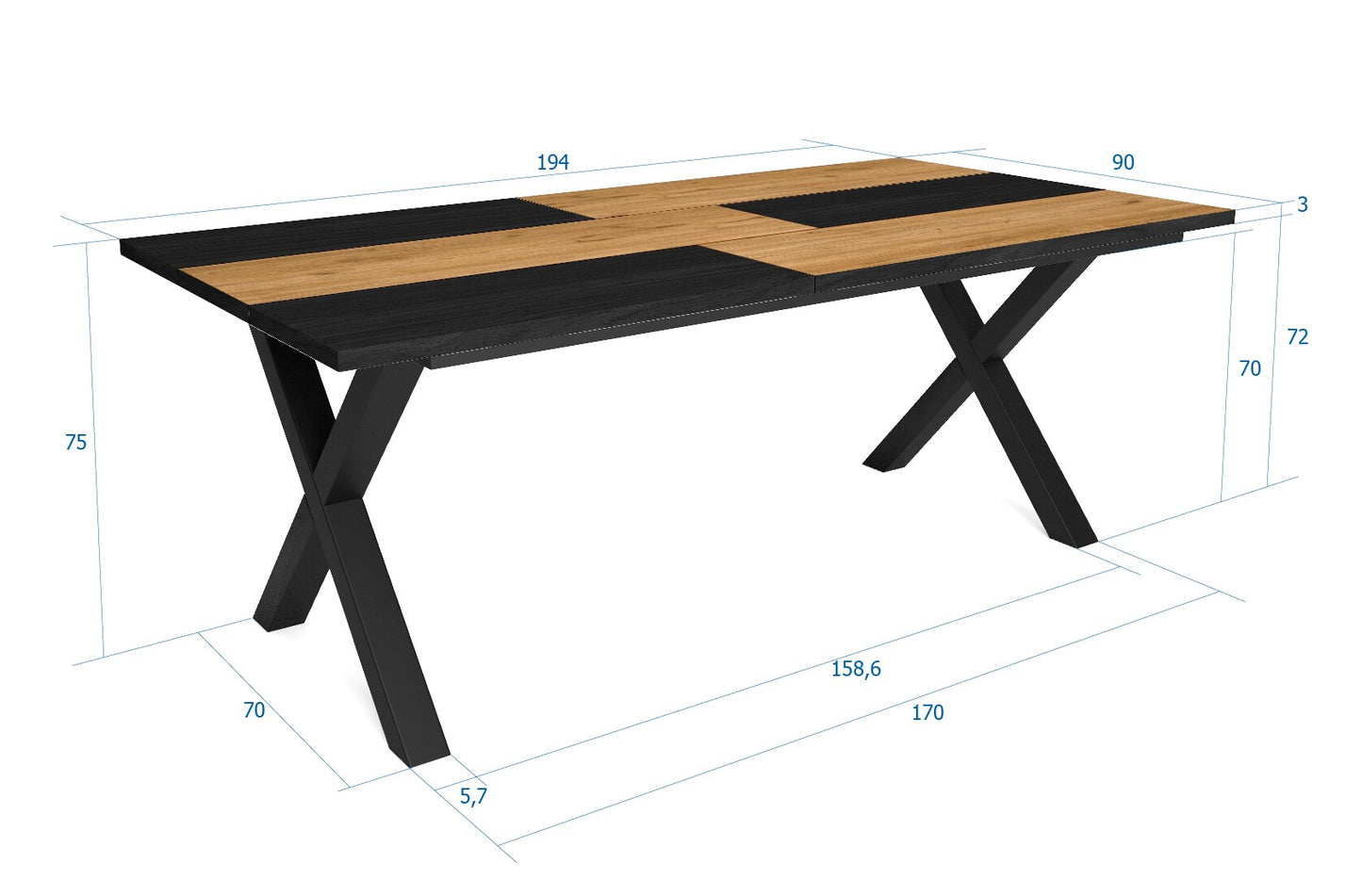 Nordicz Stål eetkamertafel eikenhout x poot mat zwart - Design Meubelz