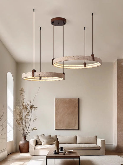 Moderne LED Ring Kroonluchter – Luxe Hanglamp – Steen, Hout & Metaal – Voor Woonkamer & Slaapkamer