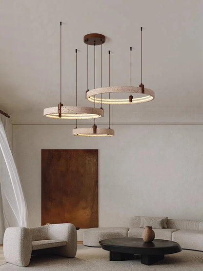 Moderne LED Ring Kroonluchter – Luxe Hanglamp – Steen, Hout & Metaal – Voor Woonkamer & Slaapkamer
