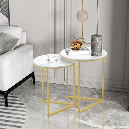 Moderne Ronde Bijzettafels – Set van 2 – Marmerlook & Gouden Metalen Onderstel