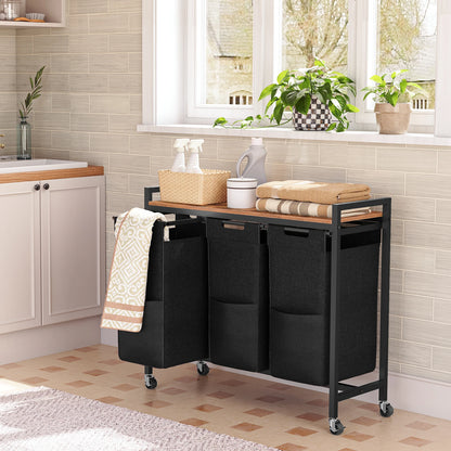 Wasmand met 3 Compartimenten – Met Opbergrek & Wieltjes – Stevig Oxford Stof & Metaal