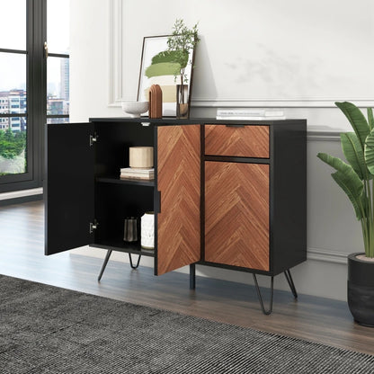 Moderne Houten Dressoir – 90 x 72 x 30 cm – Zwart & Houtlook Kast met Opberglades